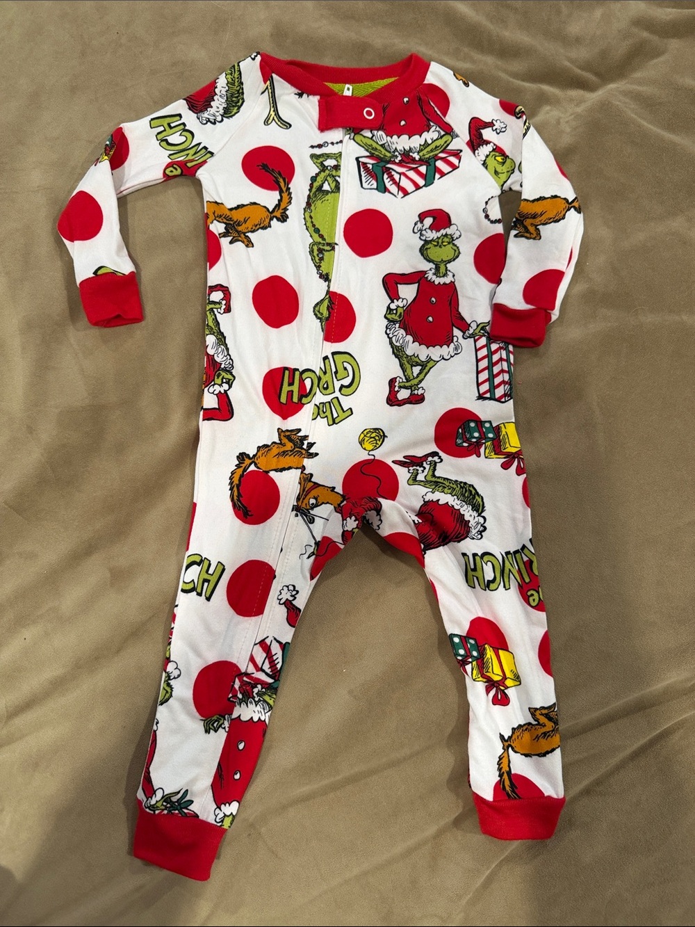 Dr. Seuss Grinch Red & White Holiday Kids One-Piece Footie